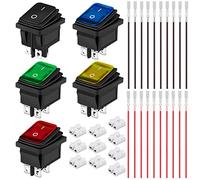 Xiatiaosann 5 Pcs Rocker Switch AC 16A/250V 20A/125V DPST On/Off Waterproof Mini Press Button 5 Color(Black/Red/Green/Yellow/Blue) 4 Pin 2 Position LED Light Car Toggle Switch for Auto, Boat