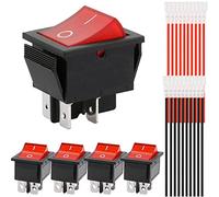 Xiatiaosann Rocker Switch 4 Pins 2 Position ON/Off Red LED Light Illuminated AC 10A/125V 6A/250V DPST Boat Rocker Switch Toggle Button, with 20 Pcs Quick Splice Cable, 5 PCS