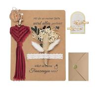 XIAZHDZ Maid of Honour Questions Gift Set - Will You Be My Maid of Honour? Card with Dried Flower Bouquet, Keychain Macrame and Hairpin - Personalised Bridesmaid Questions (Red)
