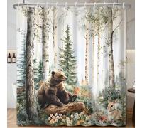 Xiazhilaio Animal Shower Curtain with Hooks - Forest Bear & Rabbit Woodland Birch Tree Wildflower Print, Waterproof Polyester, Rustic Cabin Bathroom Decor, 71x74 Inch