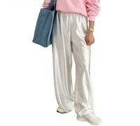 XIBAOBAO Women Satin Wide Leg Dress Pants Silk Casual Dressy Long Flowy Pants Elastic High Waisted Trousers, White, M