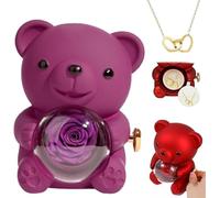 XiChiu Engraved Heart Necklace with Rose Bear Giftbox,Preserved Rose Hug Bear Gifts for Women with Heart Necklace,Preserved Roses Gifts Set for Christmas Valentines Day Birthday (Purple)