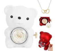 XiChiu Engraved Heart Necklace with Rose Bear Giftbox,Preserved Rose Hug Bear Gifts for Women with Heart Necklace,Preserved Roses Gifts Set for Christmas Valentines Day Birthday (White)