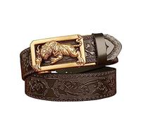 xichuangyuXCY Men's Leather Ratchet Belt Retro Dragon Pattern Eagle Tiger Buckle Carved Casual Business Belt 49 Inches, Black Flower Pattern Tiger 1, 125 cm