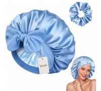 Xiciki 100% Mulberry Silk Bonnet for Sleeping Women, 22 Momme Double Layer Grade-6A Silk Hair Wrap for Curly Short Long Hair, Non-Slip Sleep Cap Turban with Elastic Tie Band (Blue)
