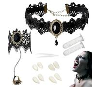 Xiciki Gothic Lace Necklace, Ring and Bracelet Set, 4 Sizes Fangs with 2 Tubes of Tooth Pellet Adhesive 1 Tweezer, Vampire Choker, Exquisite Accessory For Cosplay Party Props Halloween Horror Party
