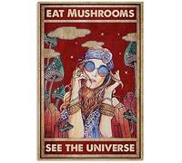 Xiddxu Eat Mushrooms See The Universe Retro Art Wall Decor Antique Tin Sign Vintage Advertising Metal Tin Sign Farmhouse Coffee Shop Street Garden Garage Door Shop Metal Signs 5.5x8 Inch