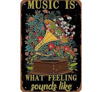 Xiddxu Gardenning Vinyl Music is What Feeling Sounds Like Poster Tin Sign Wall Decor Metal Sign Home Bar Garage Tin Sign Living Room Kitchen Farm Decor 8x12inch
