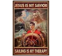 Xiddxu Jesus Metal Tin Sign,Jesus is My Savior Sailing is My Therapy Metal Tin Sign,Aluminum Sign Wall Decoration for Home Kitchen Wall Art 6x8 inches