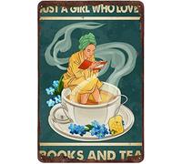 Xiddxu Just A Girl Who Love Books and Tea Metal Tin Sign Wall Decor Tin Sign for Toilet Bathroom Decor Gifts Best Farmhouse Decor Gifts for Women Men Friends 8x12 Inch