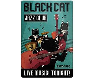 Xiddxu Metal Tin Sign Retro Wall Decor Black Cat Jazz Club,Live Music!Tonight!Metal Poster Plaques for Home Living Room Kitchen Cafe Bar Wall Decor Tin Sign Metal Signs Vintage 12x16 Inch