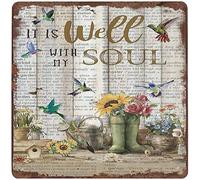 Xiddxu Retro Metal Aluminium Tin Sign Gardening Well with My Soul Hummingbird Retro Tin Sign Sunflower Decor Gardening Tool Decor Bird Decor FloralWall Poster Plaque 12x12 Inch
