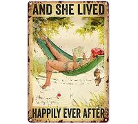 Xiddxu Retro Metal Tin Sign - Vintage Art Poster Fishing Art for Walls Pin Up Girl Fishing and She Lived Happily Ever After Novelty Sign Vintage Metal Tin Sign Wall Sign Plaque Poster 12x16 Inch
