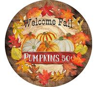 Xiddxu Round Metal Tin Sign Rustic Wall Decor Fall Sign Wall Art Pumpkins Round Graphic Wood Wall Art Hanging Sign Porch D¨¦cor Wall Decor Retro Vintage 12x12 Inch
