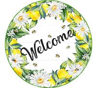 Xiddxu Round Metal Tin Sign Rustic Wall Decor Summer Lemon with White Daisies and Bees Wreath Round Door Hanger Sign Wooden Wall Hanging Art Wall Decor Retro Vintage 12x12 Inch