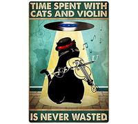 Xiddxu Spend Time with Cat and Violin Rustic Art Wall Decor Antique Tin Sign Vintage Poster Metal Tin Sign Farmhouse Coffee Shop Street Garden Garage Door Shop Metal Signs 5.5x8 Inch