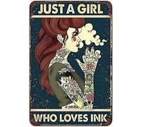 Xiddxu Tattoos Just A Girl Who Loves Ink Funny Fishing Artwork Signs for Home Novelty Metal Tin Signs Retro Plate Desserts Shop Cafe Decor Farmhouse Sign 8X12 Inch