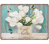 Xiddxu Vintage Wall Metal Poster Just Breathe Poster tin Sign Hummingbird Wall Art White Tulips Wall Art Rustic Farmhouse Wall Decor Inspirational Wall Art Chill Wall Art Wall Decor 8x12 Inch
