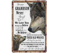 Xiddxu Vintage Wall Metal Poster To Our Grandson Poster Never Forget That We Love You Wolf Wall Art Metal Tin Sign Wall Decoration for Bar,Restaurant,Cafe, Living Room,Bedroom,Garage 8x12 Inch
