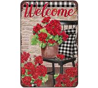Xiddxu Welcome Spring Geranium Red Flower Vintage Style Tin Sign Retro Style Wall Art Decor Metal Sign for Women Men Girl Lover Birthday Anniversary Housewarming Gift Craft Embellishment 8X12 Inch