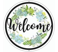 Xiddxu Wreath Round Metal Tin Sign Welcome Sign - 12 x 12 Inches - Aluminum - Welcome Hanging Door Sign - Outdoor Welcome Sign for Front Door Porch - Round Metal Welcome Wreath Steel en Farmhouse