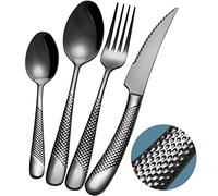 Xideman® 24-Piece Modern Black Hammered Cutlery Set with Ultra Sharp 2-in-1 Serrated Knive, 18/10 Stainless Steel Silverware Set, Titanium Plated Flatware Set for 6 People, Knives Forks Spoons Set
