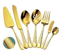 Xideman® 7-Piece Hammered 18/10 Stainless Steel Cutlery Serving Utensil Set - Golden Hostess Flatware with Cake Knife & Cake Server (Gold)