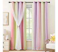 XiDi Blackout Curtains with Sheer Overlay for Girls Bedroom Double Layer Curtains for Kids Nursery Room Darkening Rainbow Princess Unicorn Wall Decals Pink Yellow Purple Grommet Top Blc-PinYePur34/63
