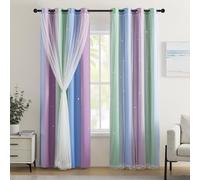 XiDi Blue & Rainbow Curtains for Kids & Girl Rooms - Blackout, Unicorn Wall Decals, 34x84 Inch, 1 Panel