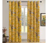 XiDi Mustard Yellow Floral Blackout Curtains 96 Inches Long 2 Panels | Thermal Insulated Room Darkening Noise Reducing Eyelet Curtain Boho Flower Patterned Window Drapes,W52 x L96 inch,Yellow