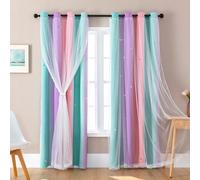 XiDi Ombre Sheer Curtains 132x183cm (52x72), Nursery & Kids Room Blackout Drapes with Star Cutouts,2 Panels Ring Top for Glass Door, Pink Purple Green Gradient