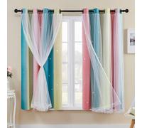 XiDi Rainbow Curtains for Bedroom Stars Decoration Thermal Insulated Net Curtains with Rings for Kids Girls Bedroom Window Treatment Pink Yellow Blue 52x63 Inch 2Pcs