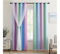 XiDi Rainbow Curtains for Bedroom Thermal Insulated Net Grey Curtains Hollowed-out Stars Decoration with Rings for Kids Girls Bedroom Window Treatment 52x63 Inch 2Pcs Green BluePurple/52/63/2