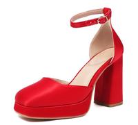 XIEDA Women's Platform Chunky High Block Closed Toe Heels Ankle Strap Square Toe Pumps, Red, 5.5 UK