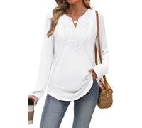 XIEERDUO Womens Long Sleeve Tops Ladies Blouse V Neck Tunic Lace T Shirts Curved Hem Solid Color Comfy Loose Tops Office Wear White Top Size 22-24 UK