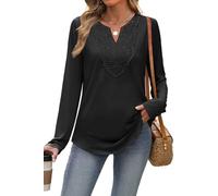 XIEERDUO Womens Long Sleeve Tops Ladies Blouse V Neck Tunic Lace T Shirts Curved Hem Solid Color Comfy Loose Tops Office Wear Black Top Size 22-24 UK