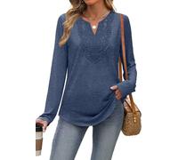 XIEERDUO Womens Long Sleeve Tops Ladies Blouse V Neck Tunic Lace T Shirts Curved Hem Solid Color Comfy Loose Tops Office Wear Blue Top Size 22-24 UK