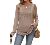 XIEERDUO Womens Long Sleeve Tops Ladies Blouse V Neck Tunic Lace T Shirts Curved Hem Solid Color Comfy Loose Tops Office Wear Beige Top Size 22-24 UK