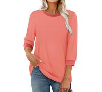 XIEERDUO Womens Tops 3/4 Sleeve T Shirts for Women UK Ladies Summer Crew Neck Tunics Colour Block Fashion Loose Blouse Coral Size 22-24