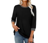 XIEERDUO Womens Tops 3/4 Sleeve T Shirts for Women UK Ladies Summer Crewneck Tunic Colour Block Fashion Blouse Black Size 10-12
