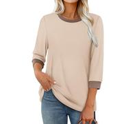 XIEERDUO Womens Tops 3/4 Sleeve T Shirts for Women UK Ladies Summer Crewneck Tunic Colour Block Fashion Loose Blouse Khaki Size 18-20