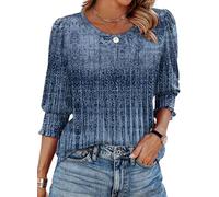XIEERDUO Womens Tops 3/4 Sleeve Tops Blouses for Women UK Long Sleeve T Shirts Crew Neck Tunic Tops Curve Hem Size 14-16 Blue Vintage Print