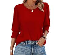 XIEERDUO Womens Tops 3/4 Sleeve Tops Blouses for Women UK Long Sleeve T Shirts Crew Neck Tunic Tops Curve Hem Size 14-16 Red