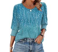 XIEERDUO Womens Tops 3/4 Sleeve Tops Blouses for Women UK Long Sleeve T Shirts Crew Neck Tunic Tops Curve Hem Size 22-24 Turquoise Twig Dot