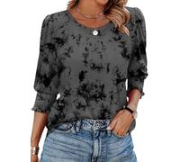 XIEERDUO Womens Tops 3/4 Sleeve Tops Blouses for Women UK Long Sleeve T Shirts Crew Neck Tunic Tops Curve Hem Size 22-24 Grey Tie Dye
