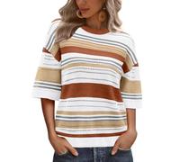 XIEERDUO Womens Tops Summer Short Sleeve Jumpers Ladies Eyelet Colour Block Shirts Striped Orange Size 10-12