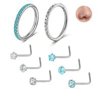 Xieesae 8Pcs Nose Rings Hoop & Nose Stud L Shape Set, Turquoise Nose Bar, Hinged Segment Septum Lip Rings Cartilage Conch Rook Helix Tragus Daith Earrings, Piercing Jewelry
