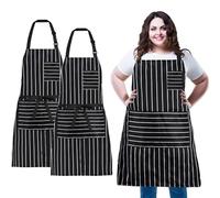 XIEJINJIA 2 Pack Plus Size Adjustable Long Ties Bib with 3 Pockets Extra Wide Chef Apron Kitchen Cooking Gardening BBQ for Women Men (Black Stripe)