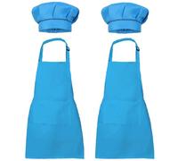 XIEJINJIA 2 Set Kids Apron and Chef Hat Child Waterproof Aprons Adjustable with 2 Pockets for Boys Girls Cooking Classroom Baking Painting Blue