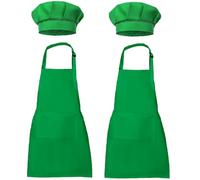 XIEJINJIA 2 Set Kids Apron and Chef Hat Child Waterproof Aprons Adjustable with 2 Pockets for Boys Girls Cooking Classroom Baking Painting Green